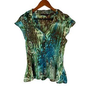 Hayley Matthews XL Womens Boho Top Green & Blue Tribal Print Button-Down